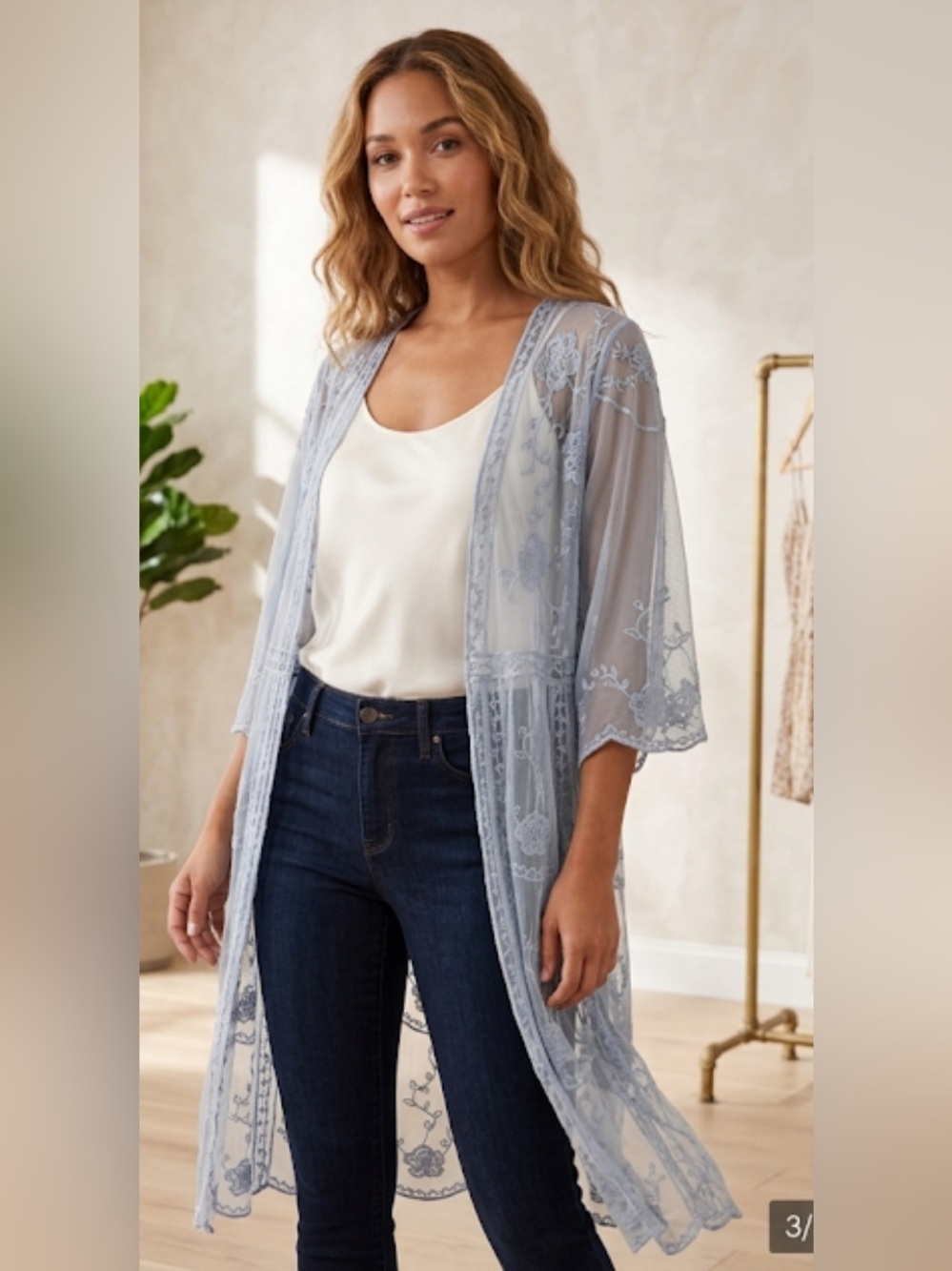 LC Lauren Conrad Pale Blue Sheer Embroidered Kimono